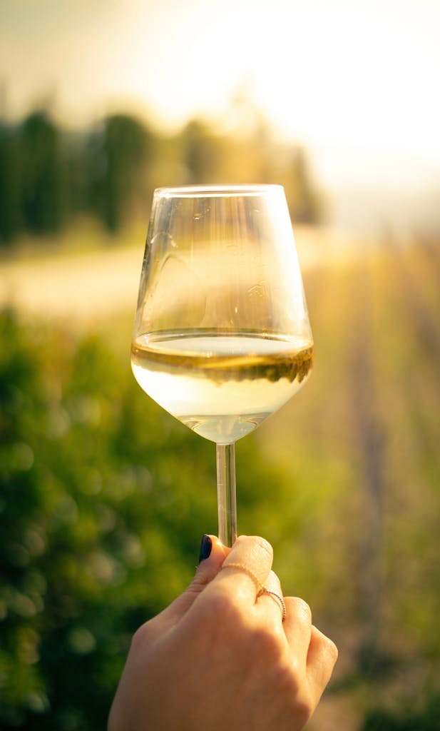 A person holding a glass of white wine against a sunny vineyard backdrop, creating a warm and inviting image.